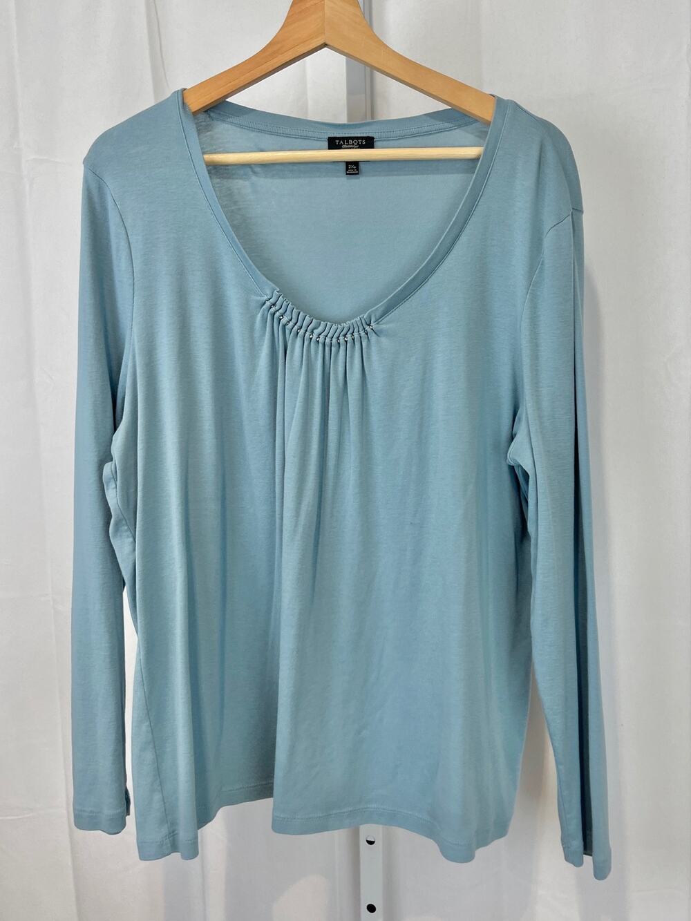 TALBOTS Long Sleeve Gathered Scoop Neck Top Pima Cotton Blue 2XP Petite Plus